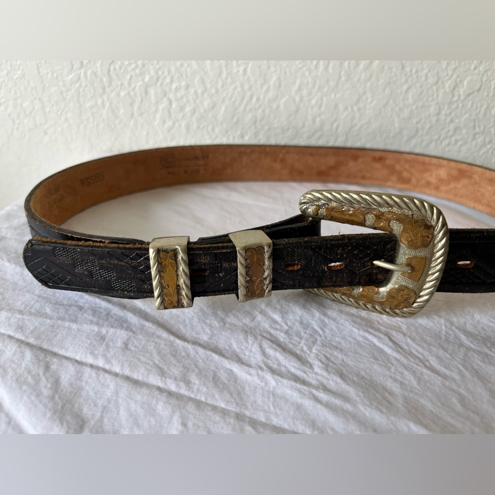 Black tooled leather belt with Mexican silver plated buckle & carriers